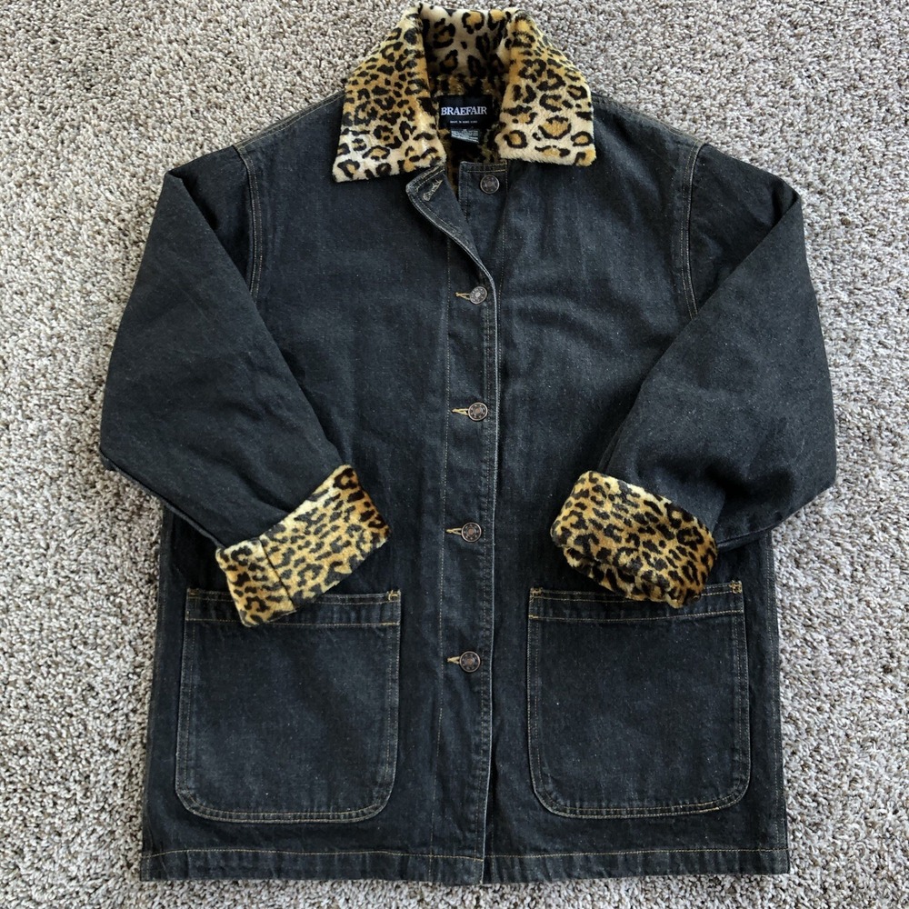 Vintage Braefair Denim Coat Jacket Size Medium Faux Fur Leopard Print Lined Y2K